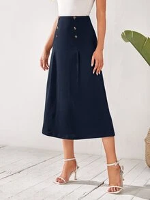 Medorina High Waist Button Detail Flare Skirt - Navy Blue - View 5