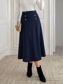Medorina High Waist Button Detail Flare Skirt - Navy Blue - View 2