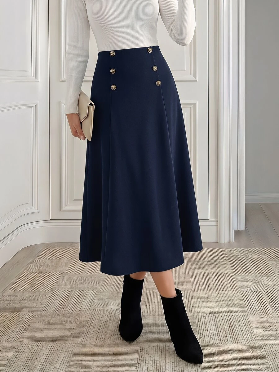 Medorina High Waist Button Detail Flare Skirt