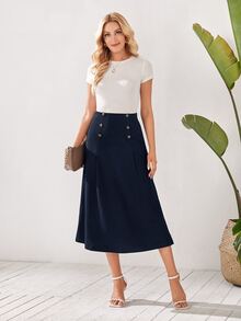 Medorina High Waist Button Detail Flare Skirt - Navy Blue - View 7