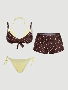 SHEIN MOD Women's Vacation Beach Polka Dot Print Swimwear Set - Brown - View 2
