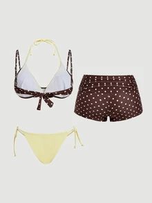 SHEIN MOD Women's Vacation Beach Polka Dot Print Swimwear Set - Brown - View 3
