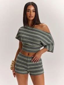 SHEIN BAE CURVE 鼠尾草綠不對稱單肩短袖上衣與低腰短褲兩件套，夏季休閒性感，適合返校與度假 - 彩色 - 查看 4