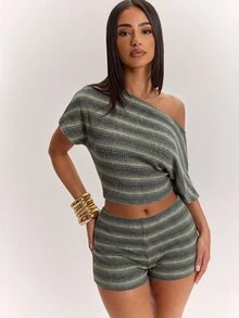 SHEIN BAE CURVE 鼠尾草綠不對稱單肩短袖上衣與低腰短褲兩件套，夏季休閒性感，適合返校與度假 - 彩色 - 查看 6