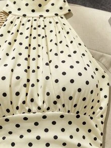 SHEIN Franclia 夏季白黑波點時尚上衣，附胸墊杯，女款海灘度假休閒法式優雅穿搭，適合辦公室、早午餐與度假穿著 - 淡黃色 - 查看 9