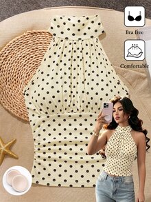 SHEIN Franclia 夏季白黑波點時尚上衣，附胸墊杯，女款海灘度假休閒法式優雅穿搭，適合辦公室、早午餐與度假穿著 - 淡黃色 - 查看 4