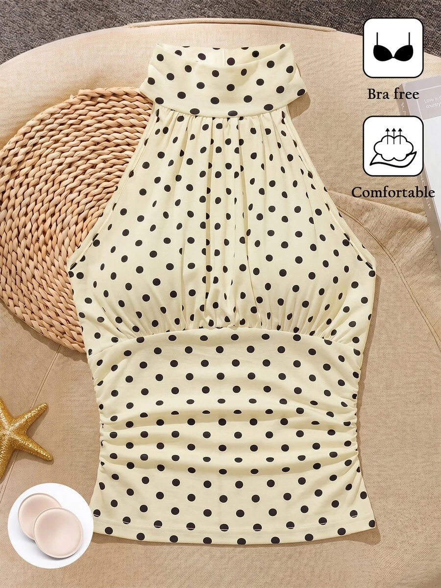 SHEIN Franclia 夏季白黑波點時尚上衣，附胸墊杯，女款海灘度假休閒法式優雅穿搭，適合辦公室、早午餐與度假穿著