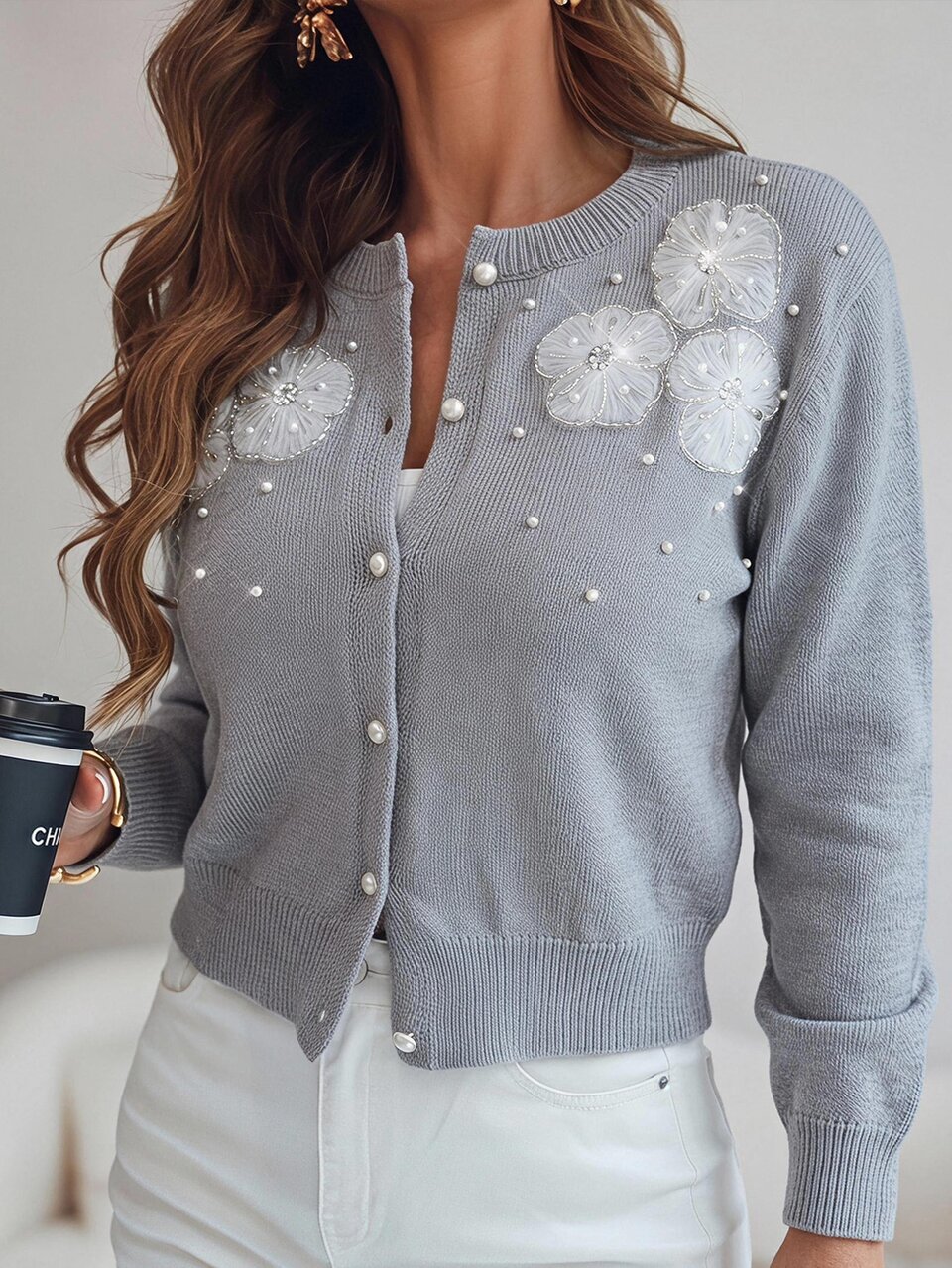 Plus Size Women's Faux Pearl Decor Long Sleeve Knit Cardigan Autumn 2026 Outfits Dates Office Formal Floral Floral Grey Elegant Casual Decent Winter