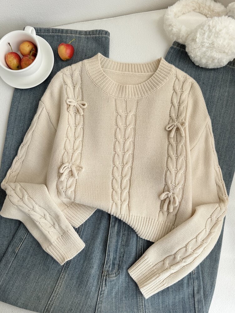 SHEIN New Fashion Versatile Cute Bow Pullover Sweater For Girls - Beige - View 5