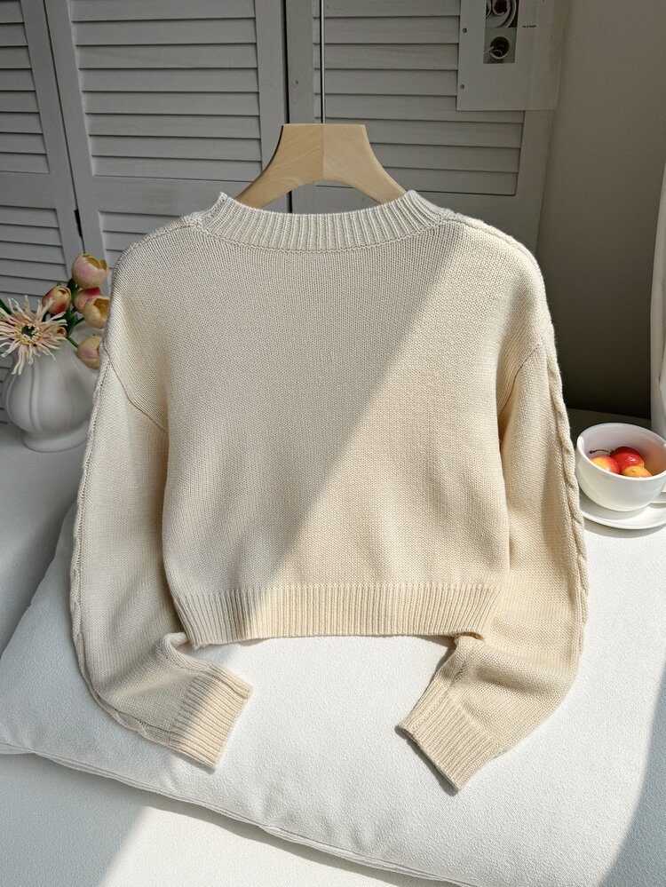 SHEIN New Fashion Versatile Cute Bow Pullover Sweater For Girls - Beige - View 2