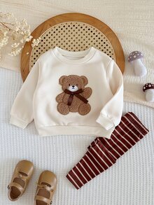 SHEIN 女嬰針織可愛熊刺繡圖案圓領運動衫與針織條紋內搭褲 2 件套裝 - 彩色 - 查看 3