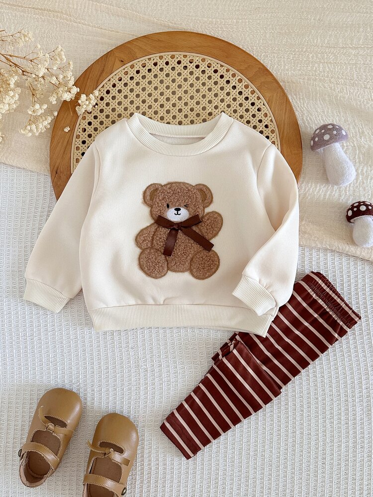 SHEIN Baby Girl Knitted Cute Bear Embroidery Pattern Crew Neck Sweatshirt & Knitted Striped Leggings 2 Pieces Set - Multicolor - View 3