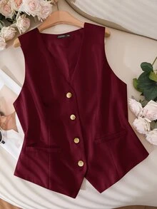 CosyJoli Plus Size Women's Burgundy Autumn Elegant Office Prom Business Casual Linen Sleeveless Vest Suit,Summer Spring New Fashion Tops For Church - Burgundy - View 3