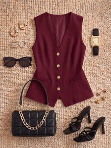 CosyJoli Plus Size Women's Burgundy Autumn Elegant Office Prom Business Casual Linen Sleeveless Vest Suit,Summer Spring New Fashion Tops For Church - Burgundy - View 1