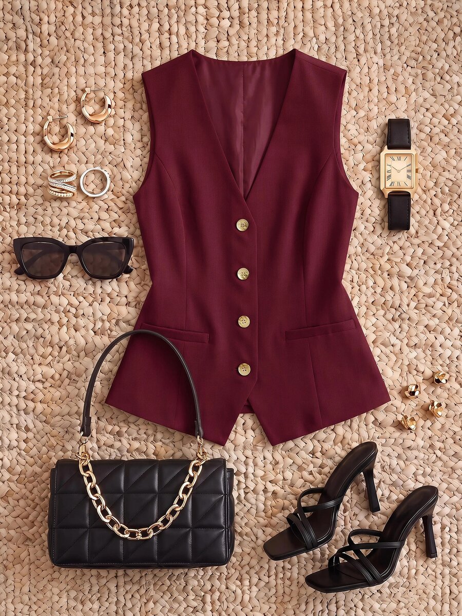 CosyJoli Plus Size Women's Burgundy Autumn Elegant Office Prom Business Casual Linen Sleeveless Vest Suit,Summer Spring New Fashion Tops For Church - Burgundy - View 1