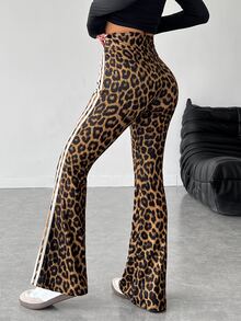 SHEIN PETITE 女款高腰側條紋豹紋喇叭褲，適合嬌小女性 - 棕色 - 查看 2