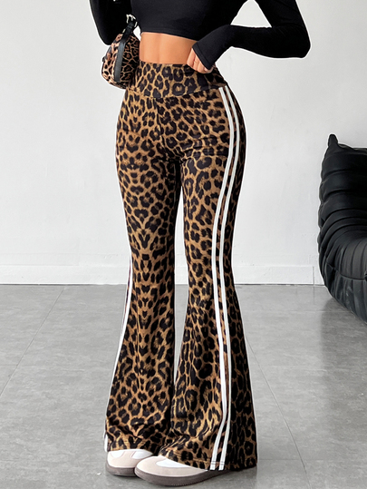 SHEIN PETITE بنطال نسائي بخصر عالي مع خطوط جانبية وطبعة نمر وساق واسعة، للنساء الصغيرات