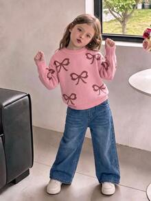SHEIN Girls' Round-Neck Pullover Long-Sleeved Sweater In Cute Pink Made Of Artificial Mink Fur With A Ro - Pink - View 2