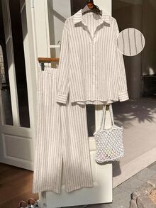 Solflare Plus Size Women's Striped Pattern Long Sleeve Button-Up Shirt And Pants 2-Piece Set Fall - Multicolor - View 6