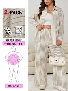 Solflare Plus Size Women's Striped Pattern Long Sleeve Button-Up Shirt And Pants 2-Piece Set Fall - Multicolor - View 1