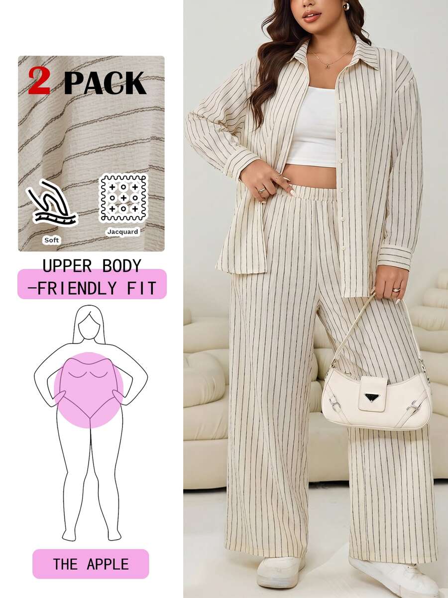 Solflare Plus Size Women's Striped Pattern Long Sleeve Button-Up Shirt And Pants 2-Piece Set Fall - Multicolor - View 1