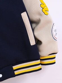 SHEIN 1件青少年男孩秋冬抓絨連帽字母毛巾刺繡拼接夾克，字母印花校園夾克，運動夾克，適合日常、大學及其他場合，秋冬適用，0-15°C - 藏蓝色 - 查看 4