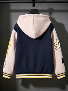 SHEIN 1件青少年男孩秋冬抓絨連帽字母毛巾刺繡拼接夾克，字母印花校園夾克，運動夾克，適合日常、大學及其他場合，秋冬適用，0-15°C - 藏蓝色 - 查看 2