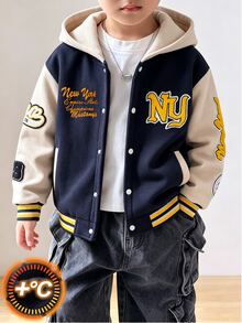 SHEIN 1件青少年男孩秋冬抓絨連帽字母毛巾刺繡拼接夾克，字母印花校園夾克，運動夾克，適合日常、大學及其他場合，秋冬適用，0-15°C - 藏蓝色 - 查看 8