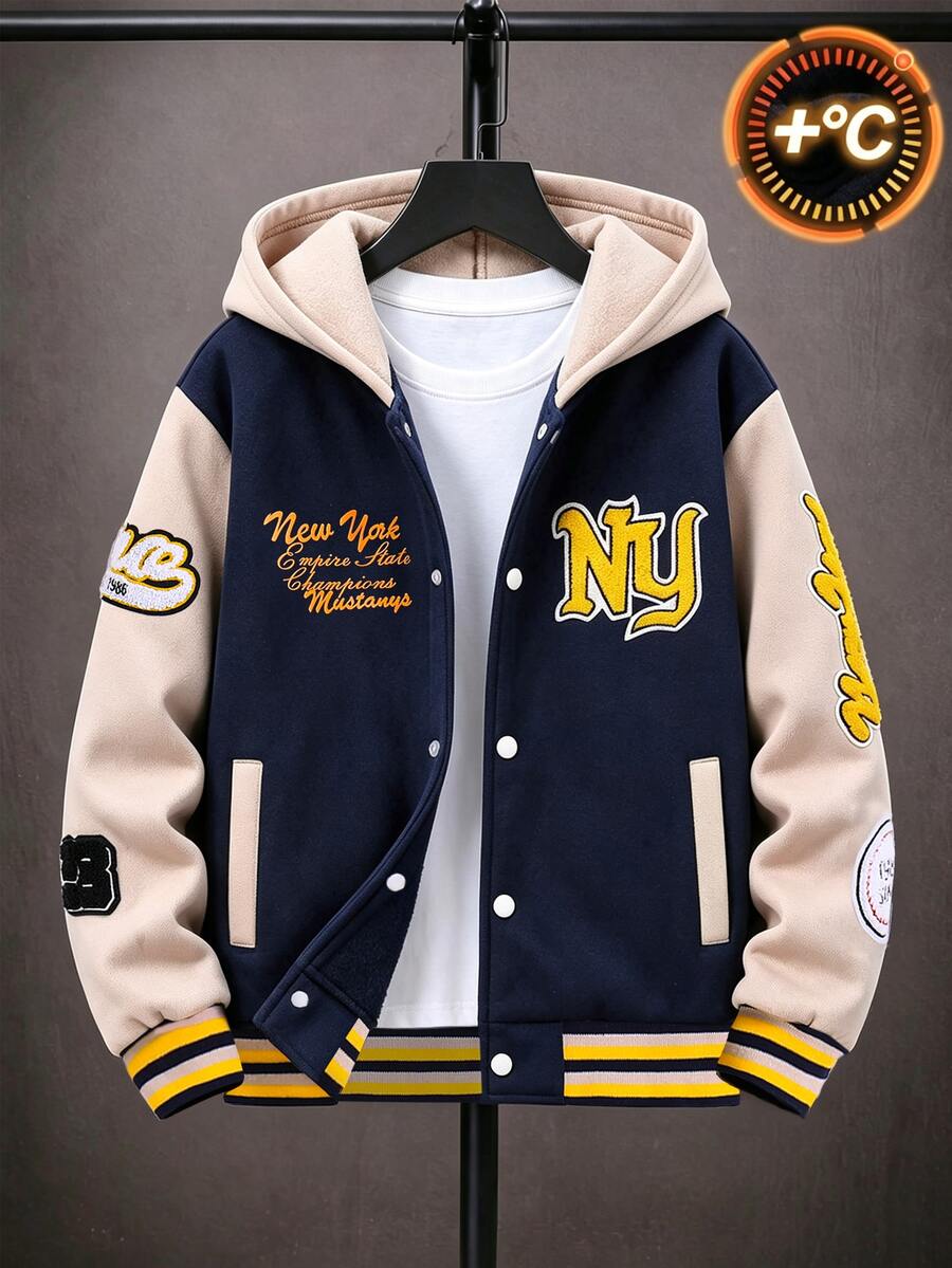 SHEIN 1件青少年男孩秋冬抓絨連帽字母毛巾刺繡拼接夾克,字母印花校園夾克,運動夾克,適合日常、大學及其他場合,秋冬適用,0-15°C - 藏蓝色 - 查看 1