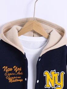 SHEIN 1件青少年男孩秋冬抓絨連帽字母毛巾刺繡拼接夾克，字母印花校園夾克，運動夾克，適合日常、大學及其他場合，秋冬適用，0-15°C - 藏蓝色 - 查看 3