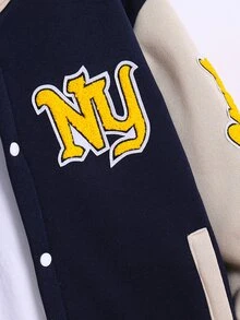 SHEIN 1件青少年男孩秋冬抓絨連帽字母毛巾刺繡拼接夾克，字母印花校園夾克，運動夾克，適合日常、大學及其他場合，秋冬適用，0-15°C - 藏蓝色 - 查看 5