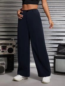 SHEIN PETITE 秋冬款純色斜口袋西裝長褲 - 藏蓝色 - 查看 4