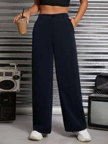 SHEIN PETITE 秋冬款純色斜口袋西裝長褲 - 藏蓝色 - 查看 1