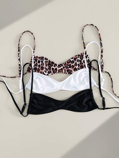 Swim Vcay Multiple Pieces Women Lace-Up Bikini Top Set,Leopard Print,Black And White Polkadot,Summer Casual Beach Holiday Vacation,Cute Bathing Suits
