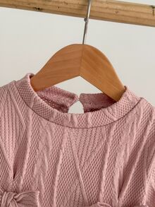 SHEIN 女宝宝圆领长袖蝴蝶结装饰休闲宽松连衣裙 - 粉色 - 查看 3