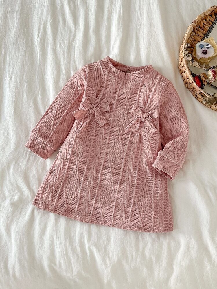 SHEIN Baby Girl Round Neck Long Sleeve Bow Decor Casual Loose Dress Fall Winter - Pink - View 8