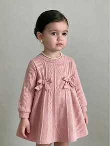 SHEIN 女宝宝圆领长袖蝴蝶结装饰休闲宽松连衣裙 - 粉色 - 查看 4