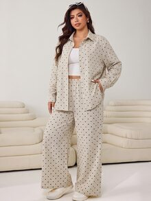 SHEIN EZwear 大尺碼女款波點印花長袖襯衫與長褲休閒套裝 1950年代復古 1920年代 2件套 米色 秋季 度假早午餐 - 彩色 - 查看 4