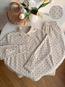 SHEIN EZwear 大尺碼女款波點印花長袖襯衫與長褲休閒套裝 1950年代復古 1920年代 2件套 米色 秋季 度假早午餐 - 彩色 - 查看 6