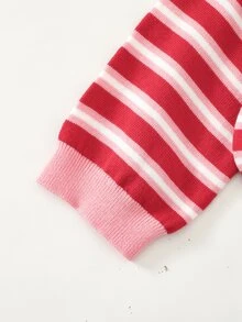 SHEIN Young Girl Striped Short Pullover Sweater - Red - View 4