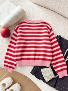 SHEIN Young Girl Striped Short Pullover Sweater - Red - View 2