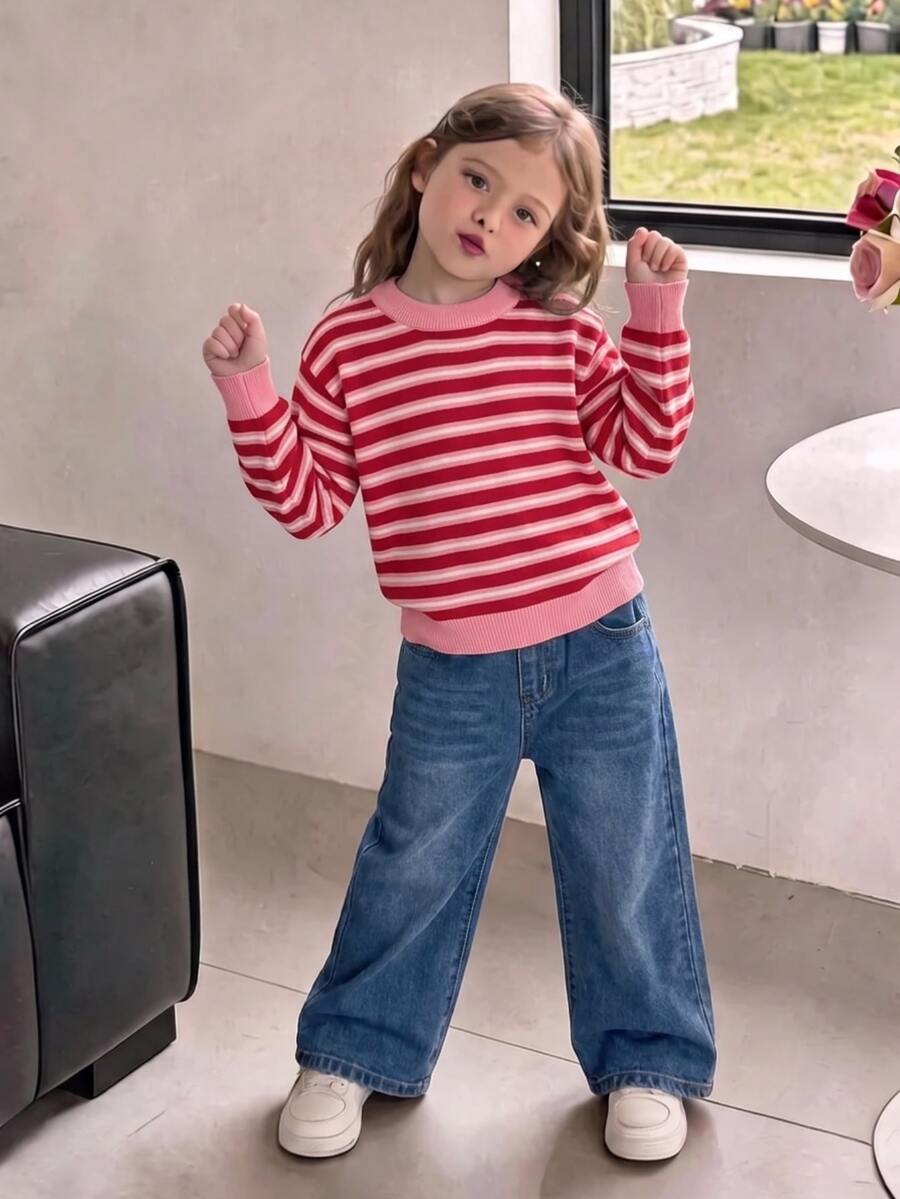 SHEIN Young Girl Striped Short Pullover Sweater - Red - View 1