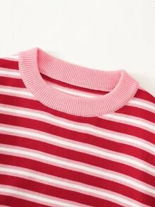 SHEIN Young Girl Striped Short Pullover Sweater - Red - View 5