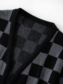 SHEIN Clasi Plus Size Vintage Checkerboard Jacquard Knit Cardigan Sweater, Autumn/Winter - Black - View 3