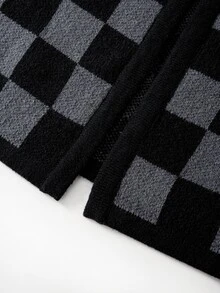 SHEIN Clasi Plus Size Vintage Checkerboard Jacquard Knit Cardigan Sweater, Autumn/Winter - Black - View 5