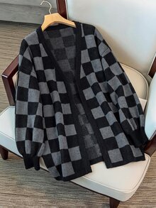 SHEIN Clasi Plus Size Vintage Checkerboard Jacquard Knit Cardigan Sweater, Autumn/Winter - Black - View 1