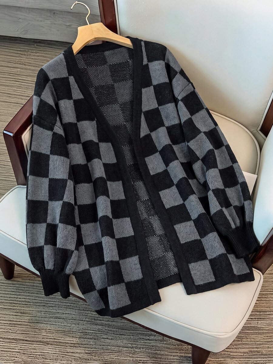 SHEIN Clasi Plus Size Vintage Checkerboard Jacquard Knit Cardigan Sweater, Autumn/Winter - Black - View 1