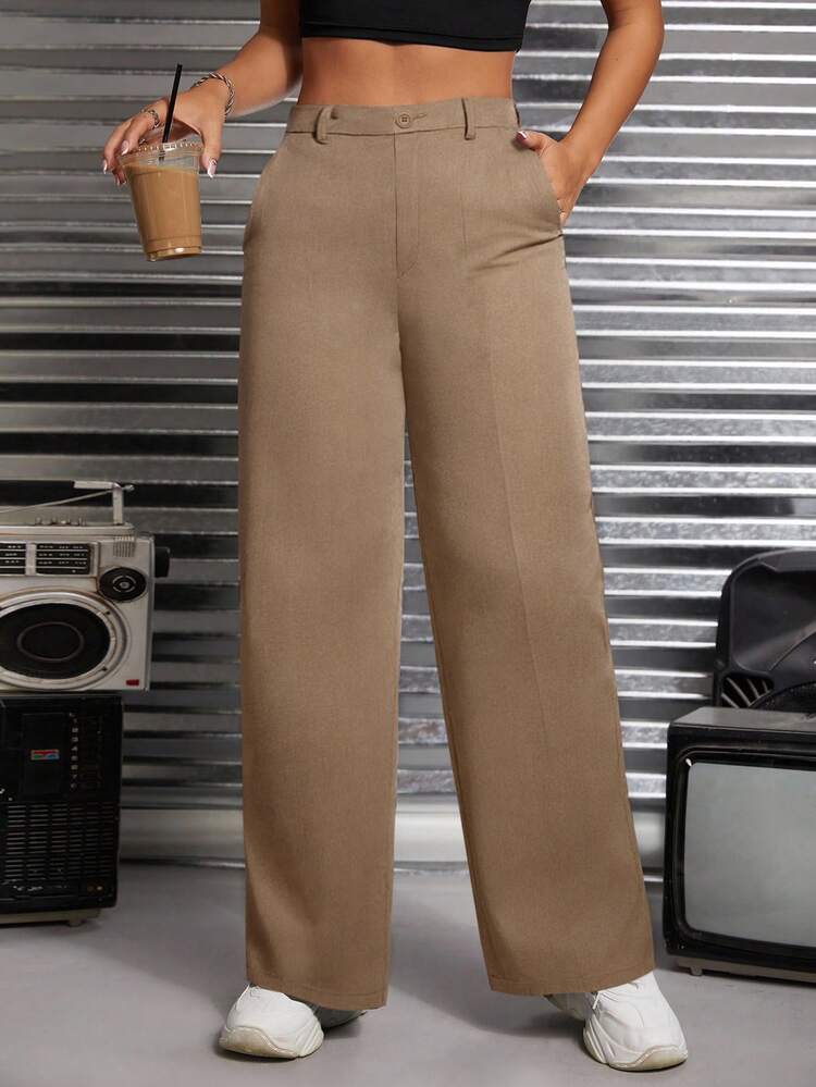 SHEIN PETITE Solid Slant Pocket Suit Pants In Fall/Winter - Khaki - View 1