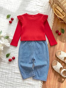 SHEIN Baby Girl Cute Casual Knit Red Cherry Pattern Long Sleeve Top And Elastic Waist Long Pants Set - Red - View 2