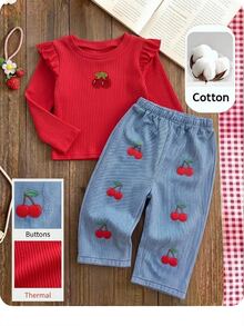 SHEIN Baby Girl Cute Casual Knit Red Cherry Pattern Long Sleeve Top And Elastic Waist Long Pants Set - Red - View 7